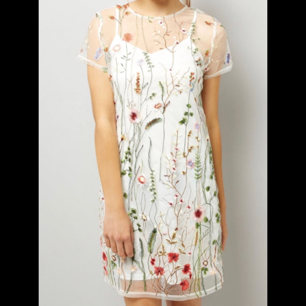 Floral Embroidery Mesh T-Shirt Dress